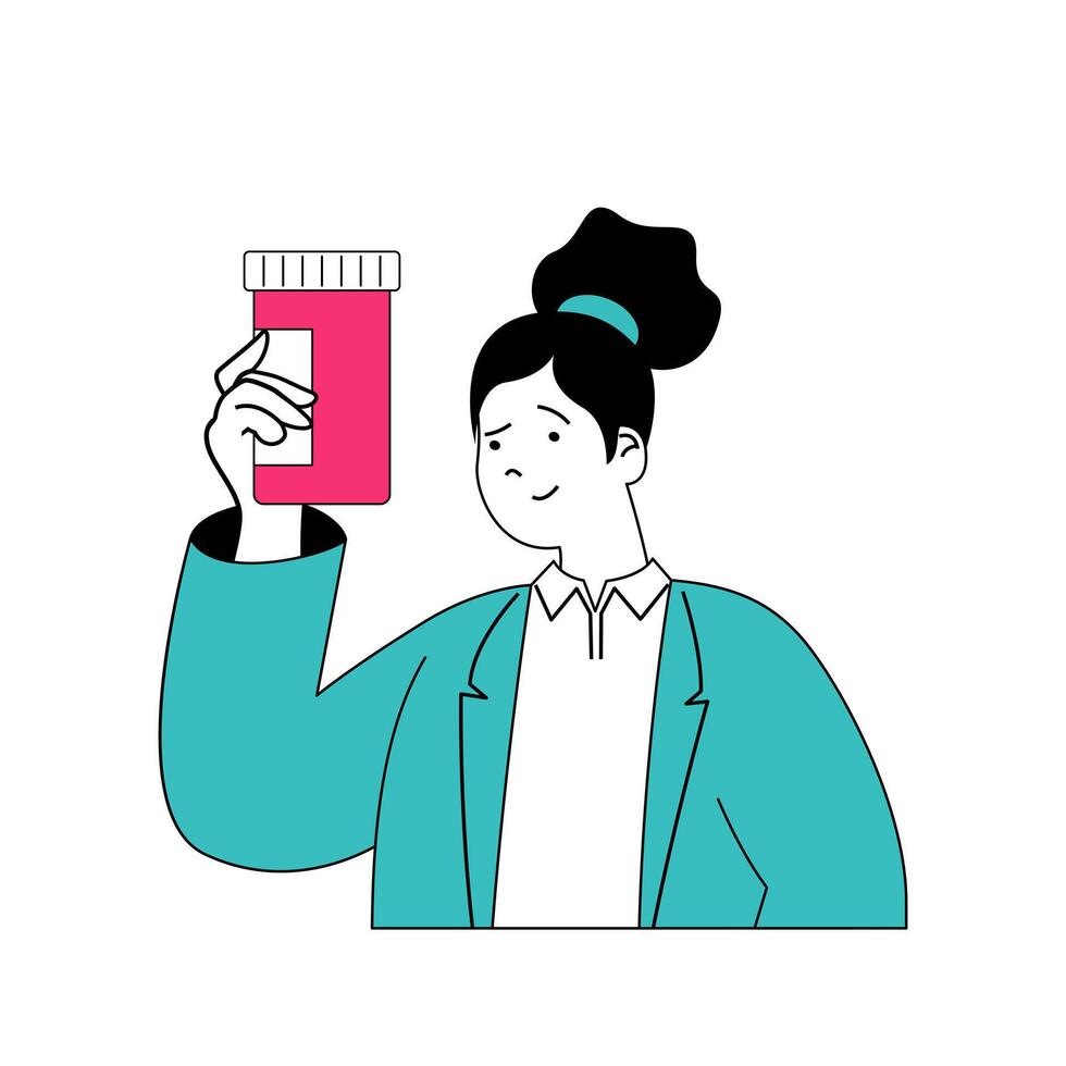 medisch concept met tekenfilm mensen in vlak ontwerp voor web. vrouw werken net zo apotheker, overleg plegen patiënten over pillen in apotheek. vector illustratie voor sociaal media banier, afzet materiaal.
