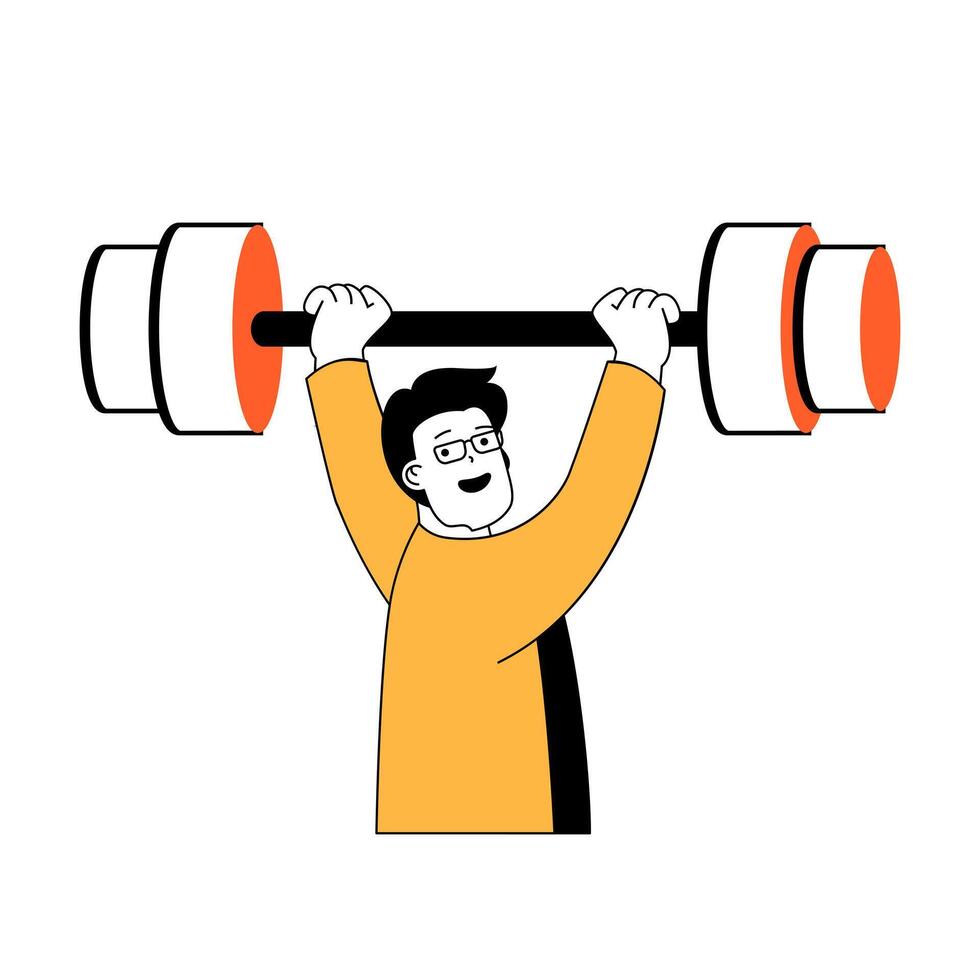 geschiktheid concept met tekenfilm mensen in vlak ontwerp voor web. Mens aan het doen bodybuilding sterkte opdrachten en gewichtheffen barbell Bij Sportschool. vector illustratie voor sociaal media banier, afzet materiaal.