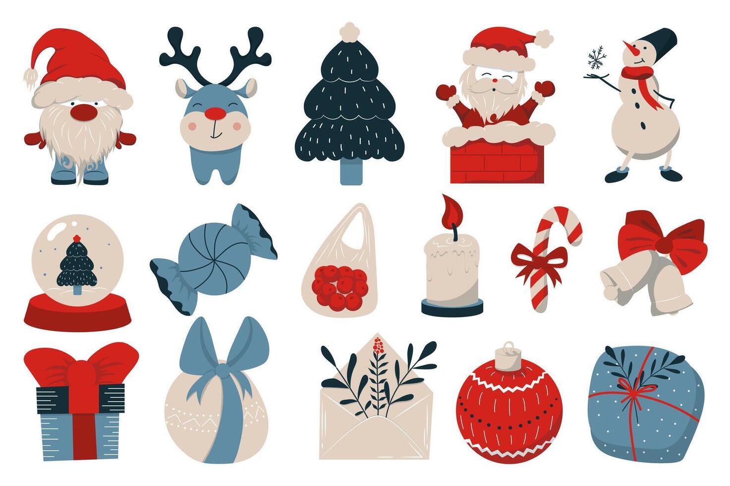 Kerstmis en nieuw jaren 2024 mega reeks in vlak ontwerp. bundel elementen van gnoom elf, rendier, feestelijk boom, de kerstman claus, sneeuwman, snoepjes, geschenken, ander. vector illustratie geïsoleerd grafisch voorwerpen