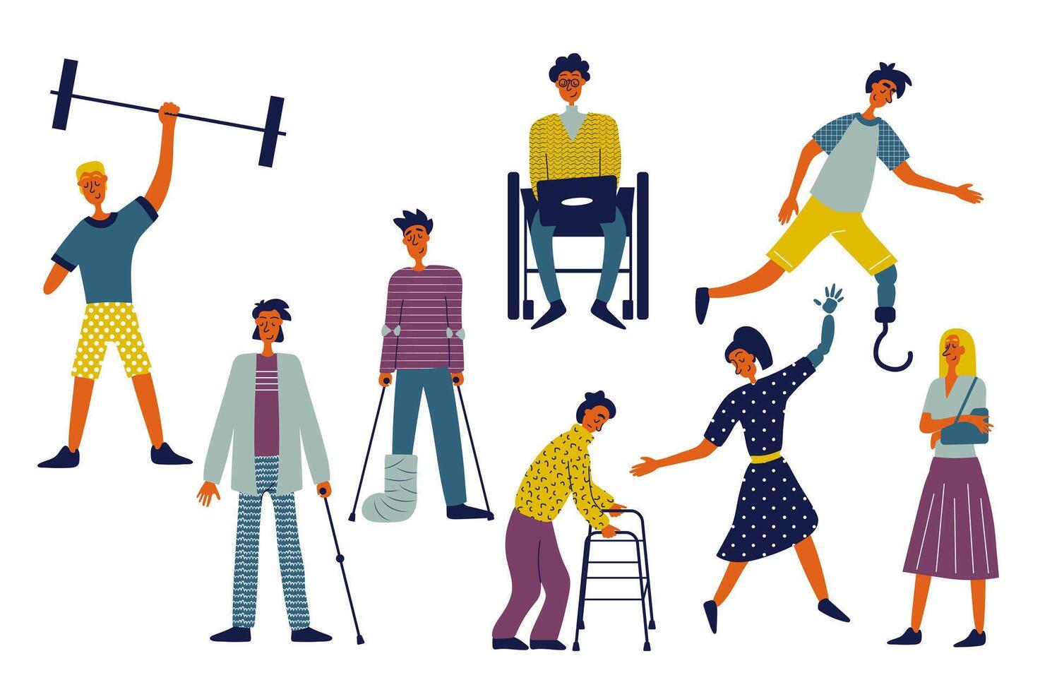 onbekwaamheid mensen reeks in vlak karakter ontwerp voor web. bundel personen van verschillend gehandicapt Dames en mannen met in rolstoel, prothese en amputaties hebben actief levensstijl. vector illustratie.