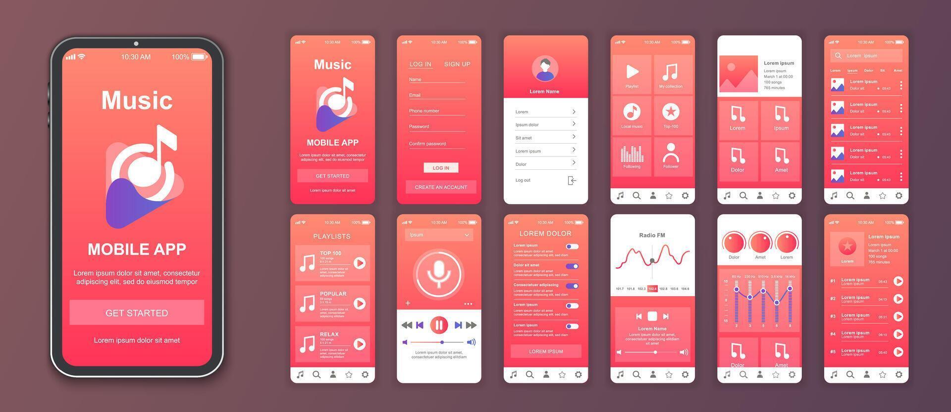 muziek- mobiel app koppel schermen sjabloon set. online account, afspeellijst, lied verzameling, speler, equalizer instellingen, album zoeken. pak van ui, ux, gui uitrusting voor toepassing web indeling. vector ontwerp.