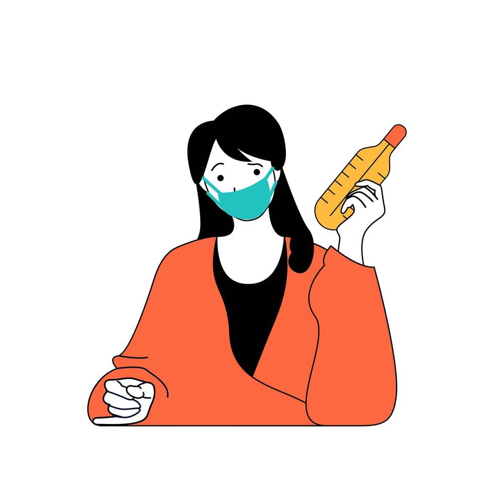 coronavirus concept met tekenfilm mensen in vlak ontwerp voor web. vrouw vervelend medisch masker, controlerend en meten lichaam temperatuur. vector illustratie voor sociaal media banier, afzet materiaal.