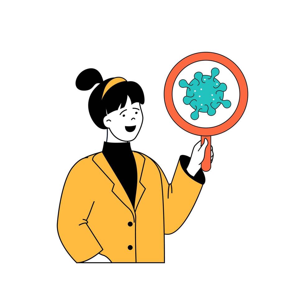 coronavirus concept met tekenfilm mensen in vlak ontwerp voor web. vrouw met vergrootglas onderzoeken covid bacterie en vinden vaccin. vector illustratie voor sociaal media banier, afzet materiaal.