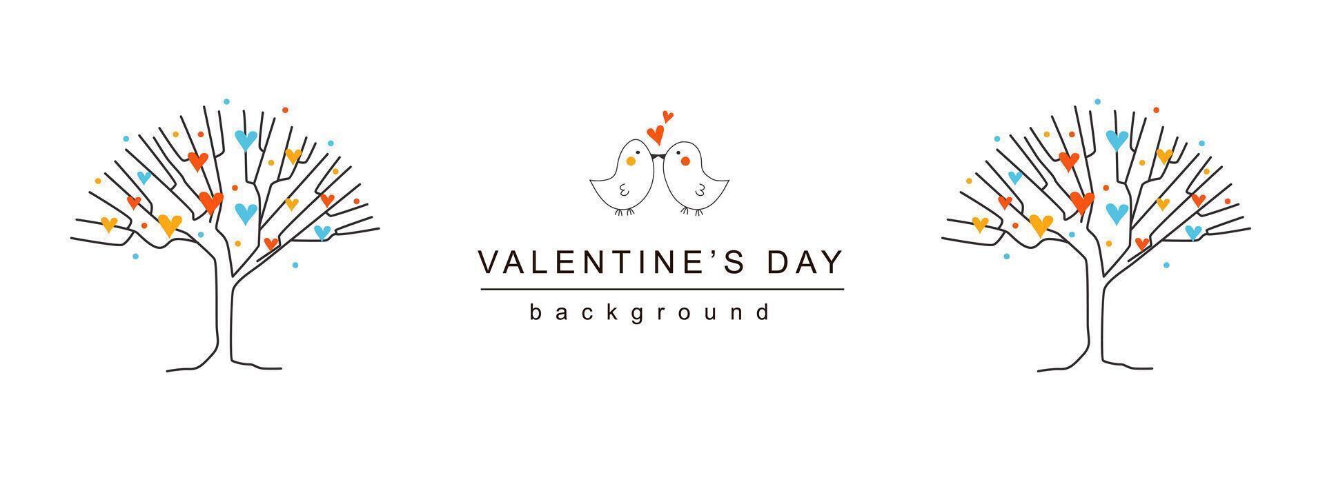 Valentijn dag horizontaal web spandoek. romantisch vogelstand paar zoenen in de buurt liefde decoratief bomen met harten Aan wit achtergrond. vector illustratie voor hoofd website, Hoes Sjablonen in modern ontwerp