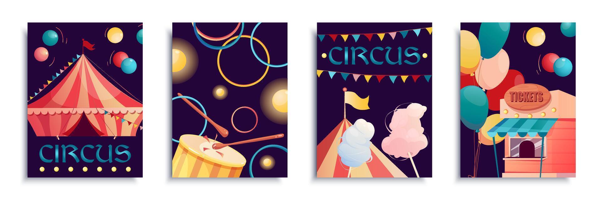 circus Hoes brochure reeks in vlak ontwerp. poster Sjablonen met kleurrijk tent voor kunst prestatie, vliegend ballonnen, acrobaat show, trommels, kaartjes kiosk, katoen snoep, slingers. vector illustratie.