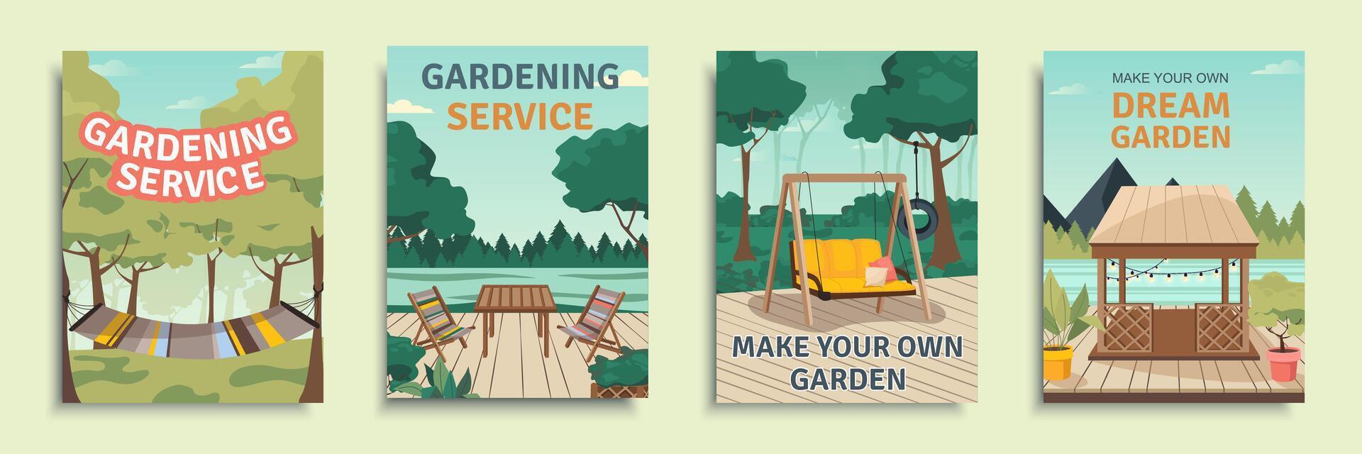 tuinieren onderhoud Hoes brochure reeks in vlak ontwerp. poster Sjablonen met buitenshuis meubels, houten Prieel, zomer terras met groen voor achtertuin landschapsarchitectuur bedrijf. vector illustratie