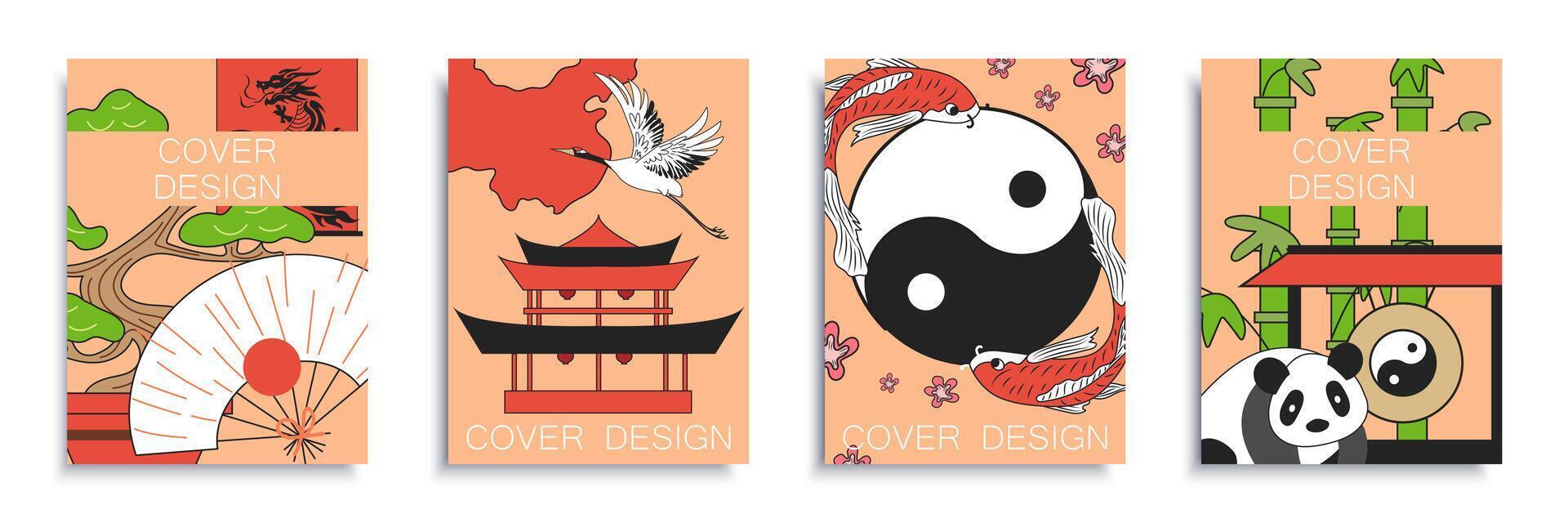 China Hoes brochure reeks in vlak ontwerp. poster Sjablonen met Chinese traditioneel symbolen, bonsai boom, fan, draak, pagode, kraan, yin en yang teken, koi karper, panda en bamboe. vector illustratie.