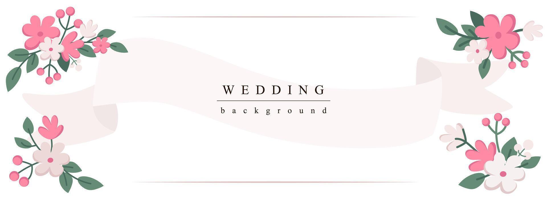 bruiloft horizontaal web spandoek. abstract roze bloemen en boeketten met decoratie lintje. pastel elegant huwelijk uitnodiging. vector illustratie voor hoofd website, Hoes Sjablonen in modern ontwerp
