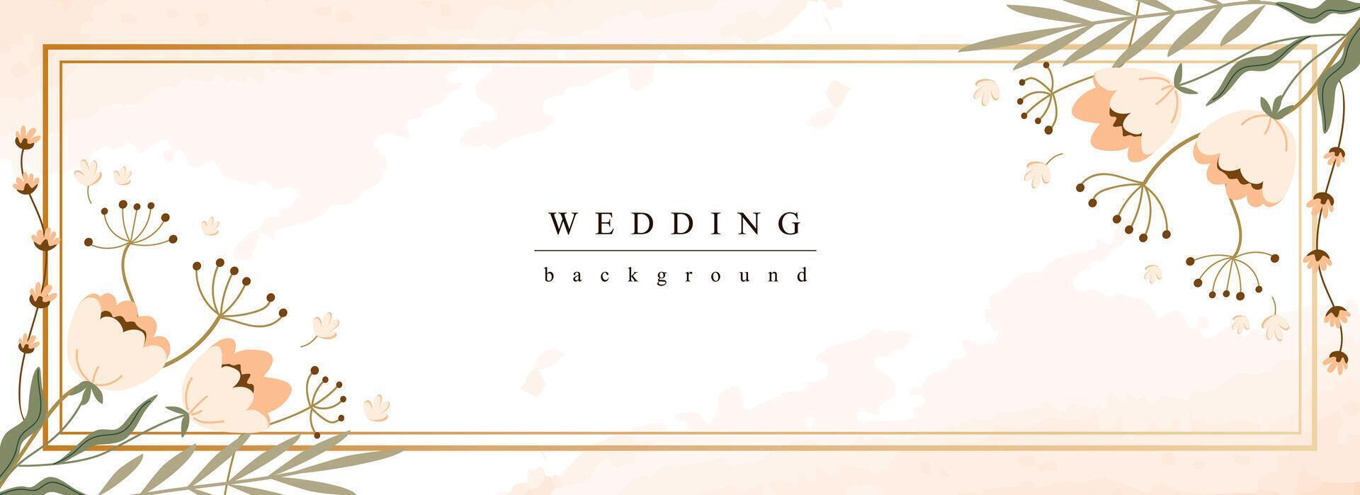 bruiloft horizontaal web spandoek. pastel huwelijk uitnodiging met abstract bloeiend bloemen en wilde bloemen in gouden grens. vector illustratie voor hoofd website, Hoes Sjablonen in modern ontwerp