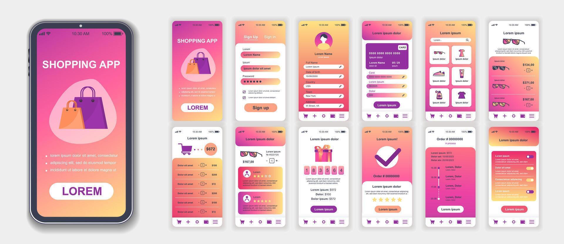 boodschappen doen mobiel app koppel schermen sjabloon set. account Log in, credit kaart, assortiment winkel, goederen mand, klant feedback. pak van ui, ux, gui uitrusting voor toepassing web indeling. vector ontwerp.