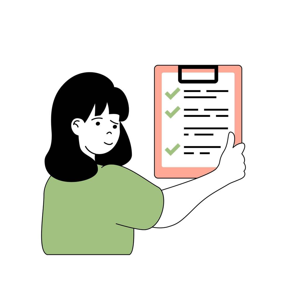 verzekering onderhoud concept met tekenfilm mensen in vlak ontwerp voor web. vrouw vulling inspectie checklist voor krijgen veilig garantie. vector illustratie voor sociaal media banier, afzet materiaal.