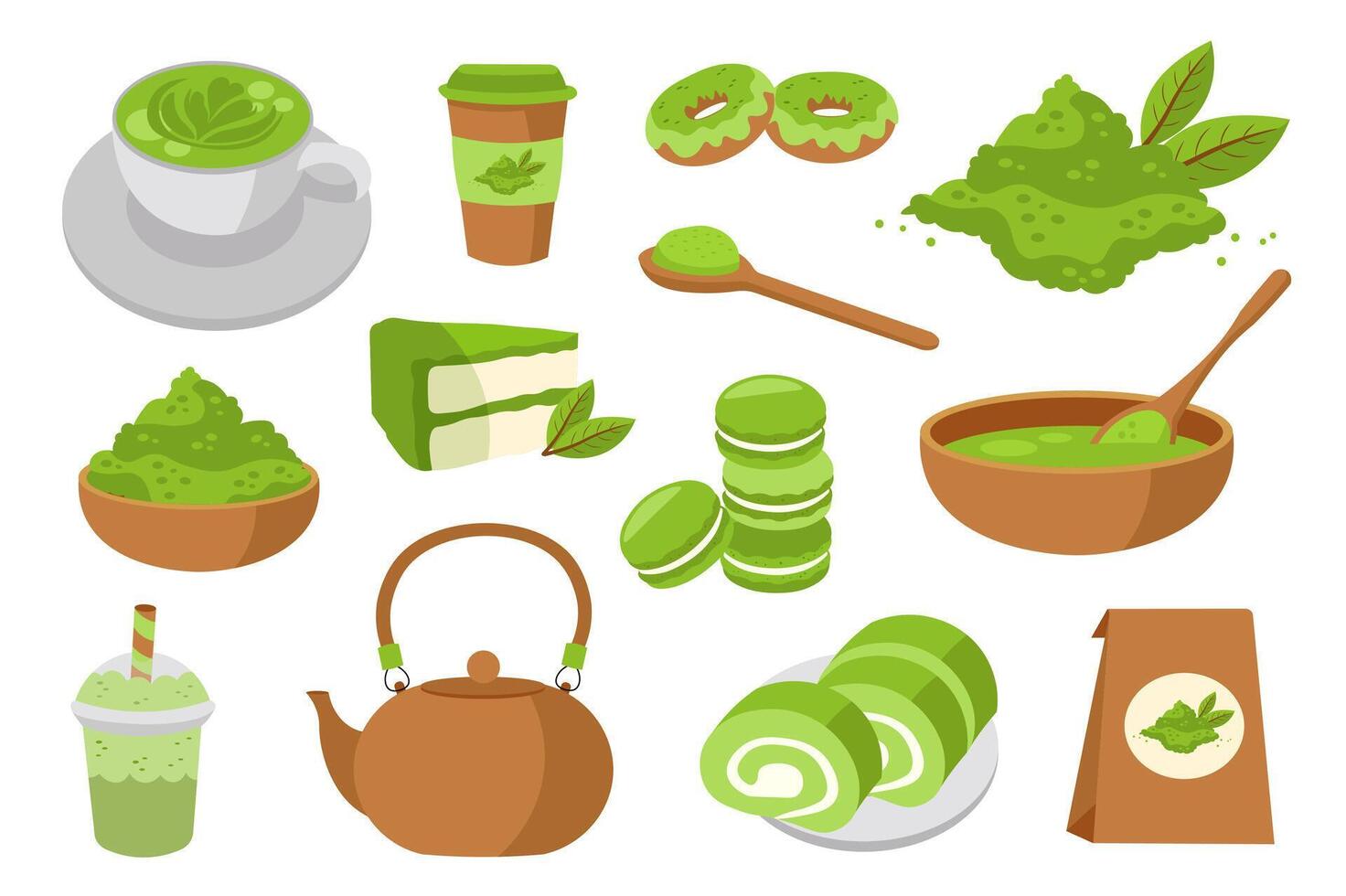 matcha thee mega reeks in vlak tekenfilm ontwerp. bundel elementen van groen poeder, latte in mok, papier beker, theepot, toetjes, traditioneel kom en lepel, ander. vector illustratie geïsoleerd grafisch voorwerpen