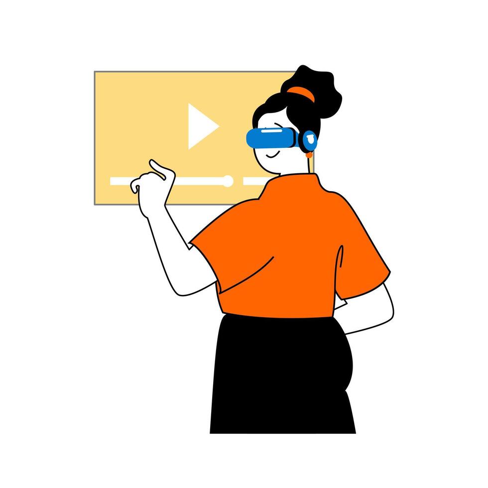 virtueel realiteit concept met tekenfilm mensen in vlak ontwerp voor web. vrouw in vr koptelefoon aan het kijken video inhoud voor online aan het leren. vector illustratie voor sociaal media banier, afzet materiaal.