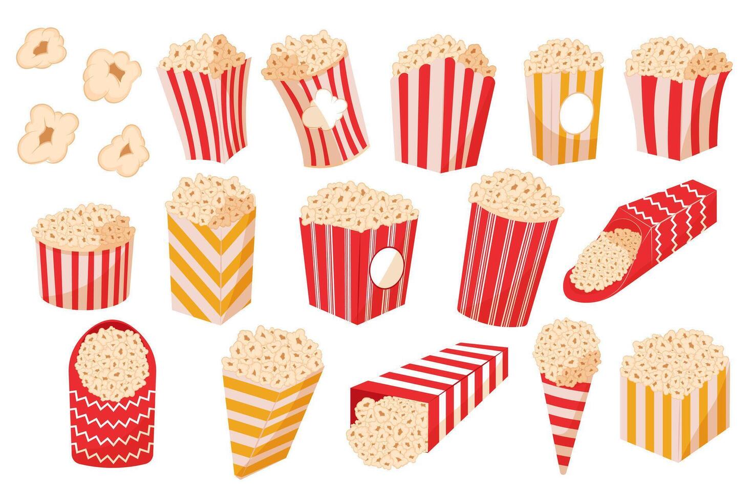 popcorn emmers mega reeks in vlak ontwerp. bundel elementen van klassiek gestreept papier dozen met smakelijk maïs tussendoortje, houder symbolen van bioscoop amusement. vector illustratie geïsoleerd grafisch voorwerpen