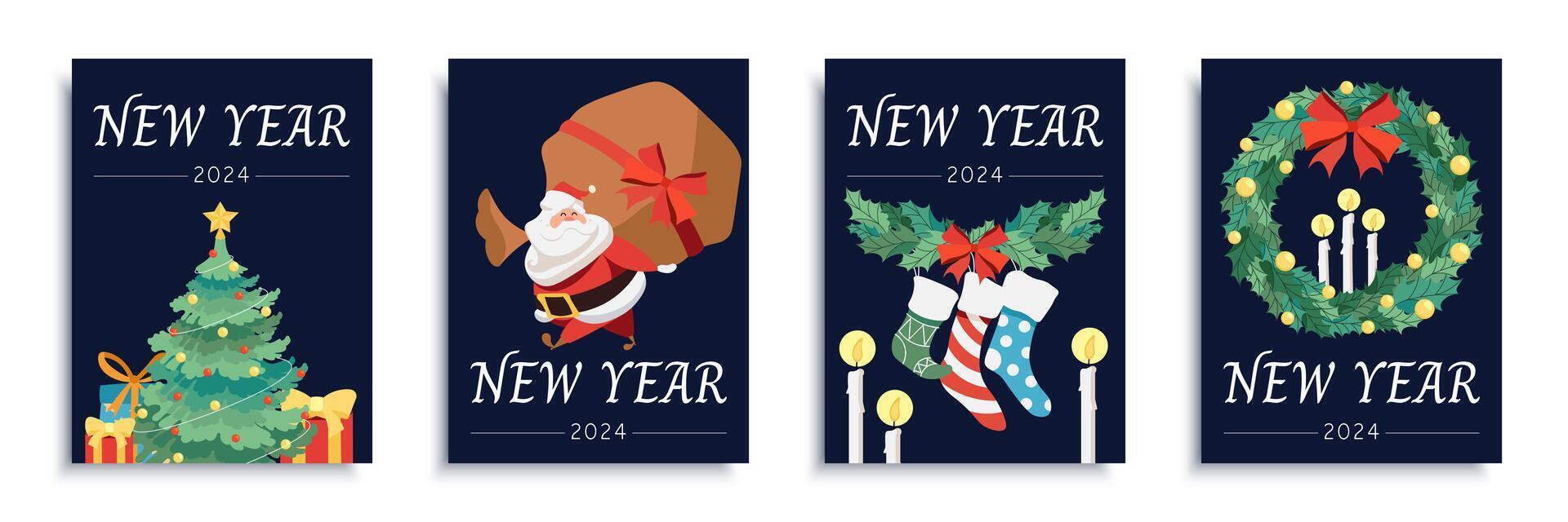 nieuw jaar 2024 Hoes brochure reeks in vlak ontwerp. poster Sjablonen met Kerstmis boom en geschenken, de kerstman claus met groot tas, sokken en hulst lauwerkrans, kaarsen, andere vakantie decor. vector illustratie.