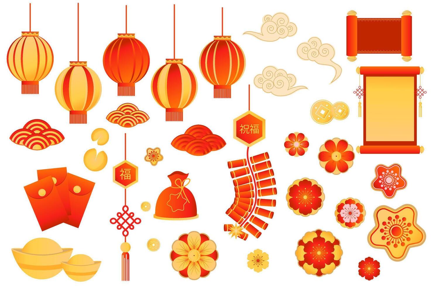 Chinese symbolen mega reeks in vlak ontwerp. bundel elementen van rood en goud lantaarns, wolken en golven, munten, manuscripten, koekjes, enveloppen en bloemen. vector illustratie geïsoleerd grafisch voorwerpen