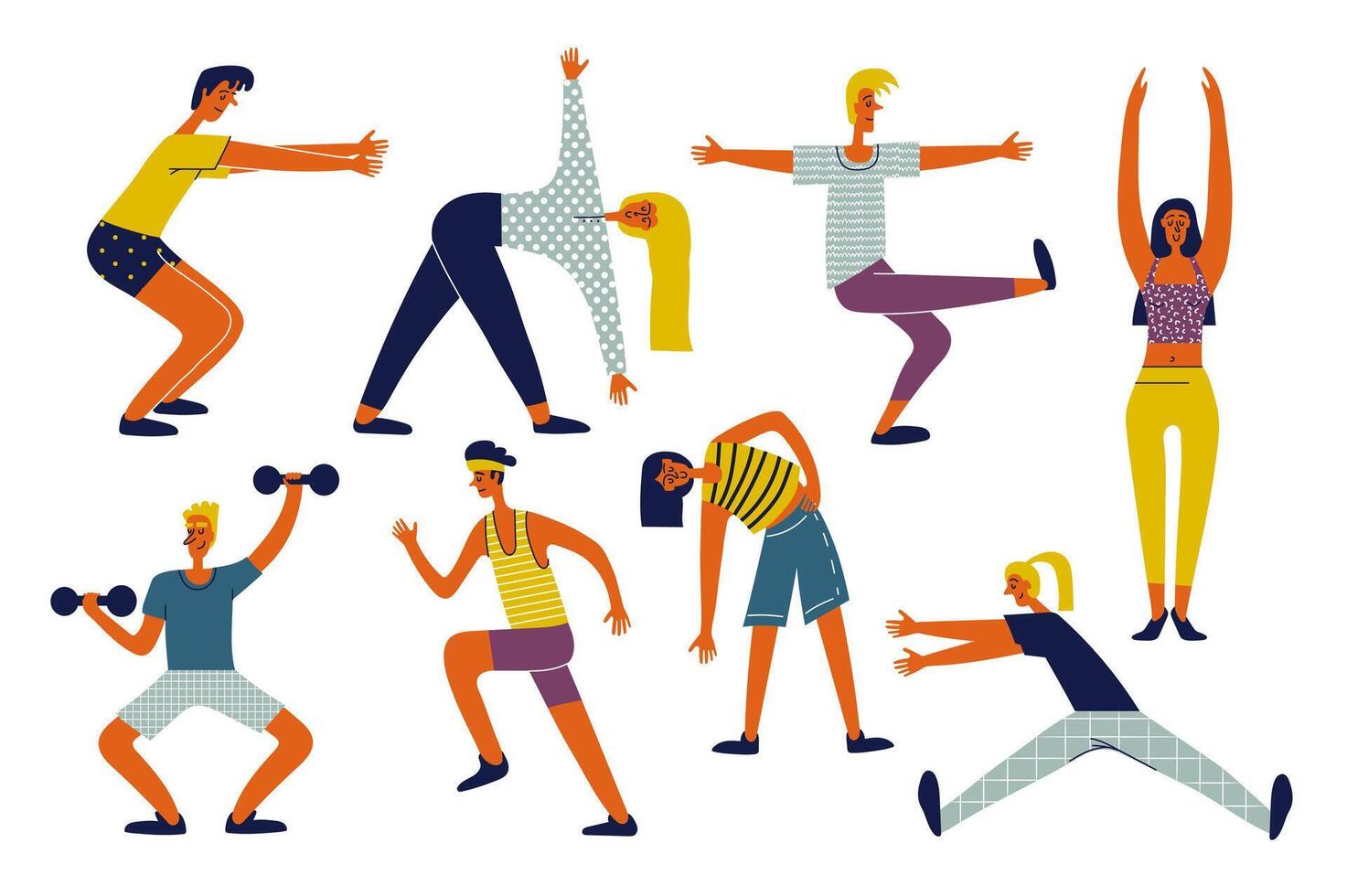 atleet mensen Doen geschiktheid reeks in vlak karakter ontwerp voor web. bundel personen van verschillend Dames en mannen opleiding en sporten, joggen, aan het doen yoga asana en halter training. vector illustratie.