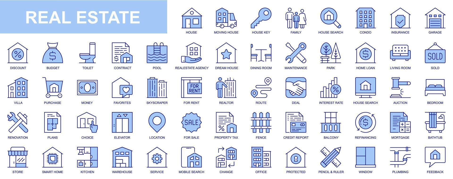 echt landgoed web pictogrammen reeks in blauw lijn ontwerp. pak van huis, in beweging huis, sleutel, verzekering, garage, begroting, contract, makelaar bureau, hypotheek, lening, eigendom, ander. vector schets beroerte pictogrammen