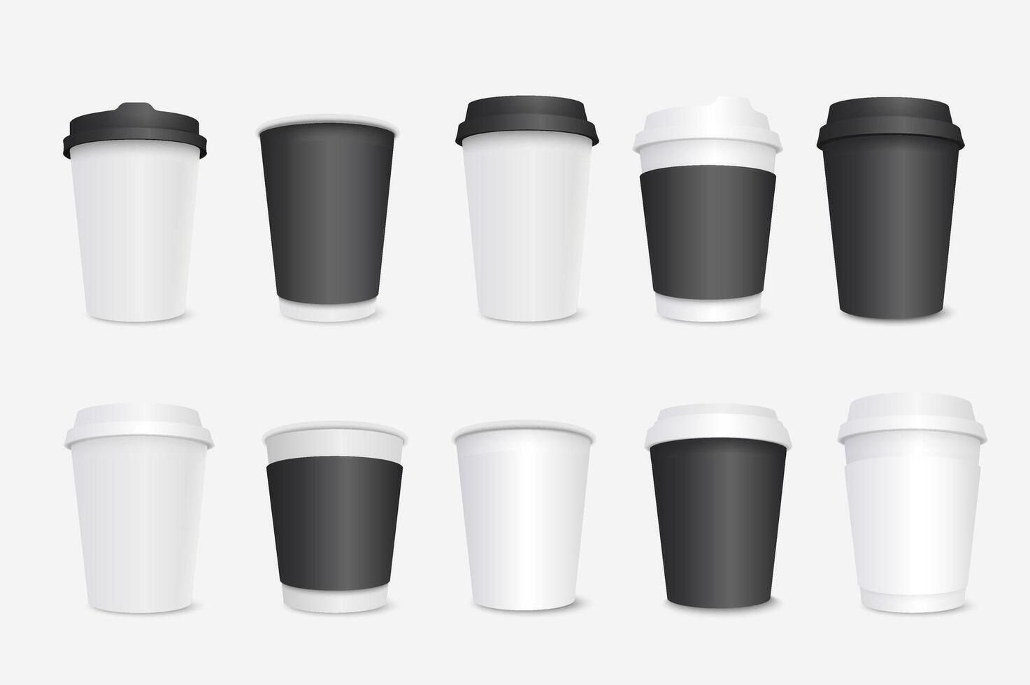 papier koffie cups mega reeks in 3d realistisch ontwerp. bundel elementen van wit en zwart karton containers met deksels voor latte, mokka, cappuccino drankjes. vector illustratie geïsoleerd grafisch voorwerpen