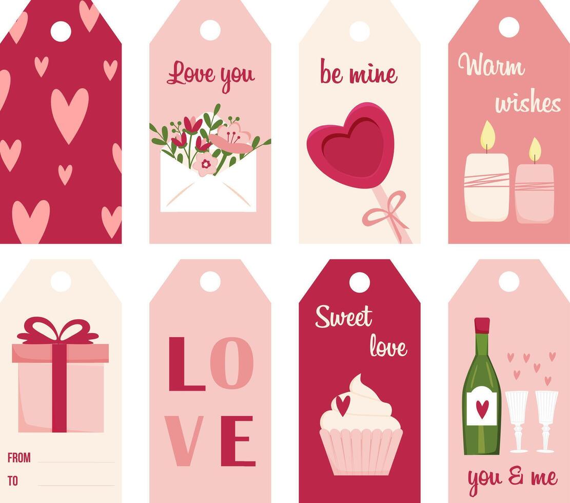 reeks van Valentijnsdag dag labels. tags met harten, bloemen, geschenk, wijn, bril, koekje in roze, rood, wit kleuren. Beschrijving ik liefde jij, liefde, worden de mijne. perfect voor Valentijnsdag dag groeten en geschenken. vector