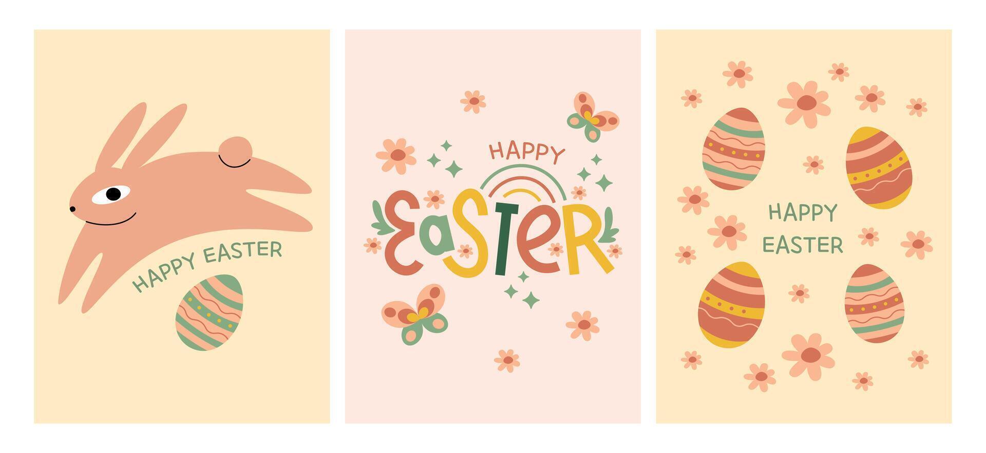 schattig reeks van Pasen kaarten. voorjaar verzameling van dieren, bloemen. belettering en Pasen eieren. vector