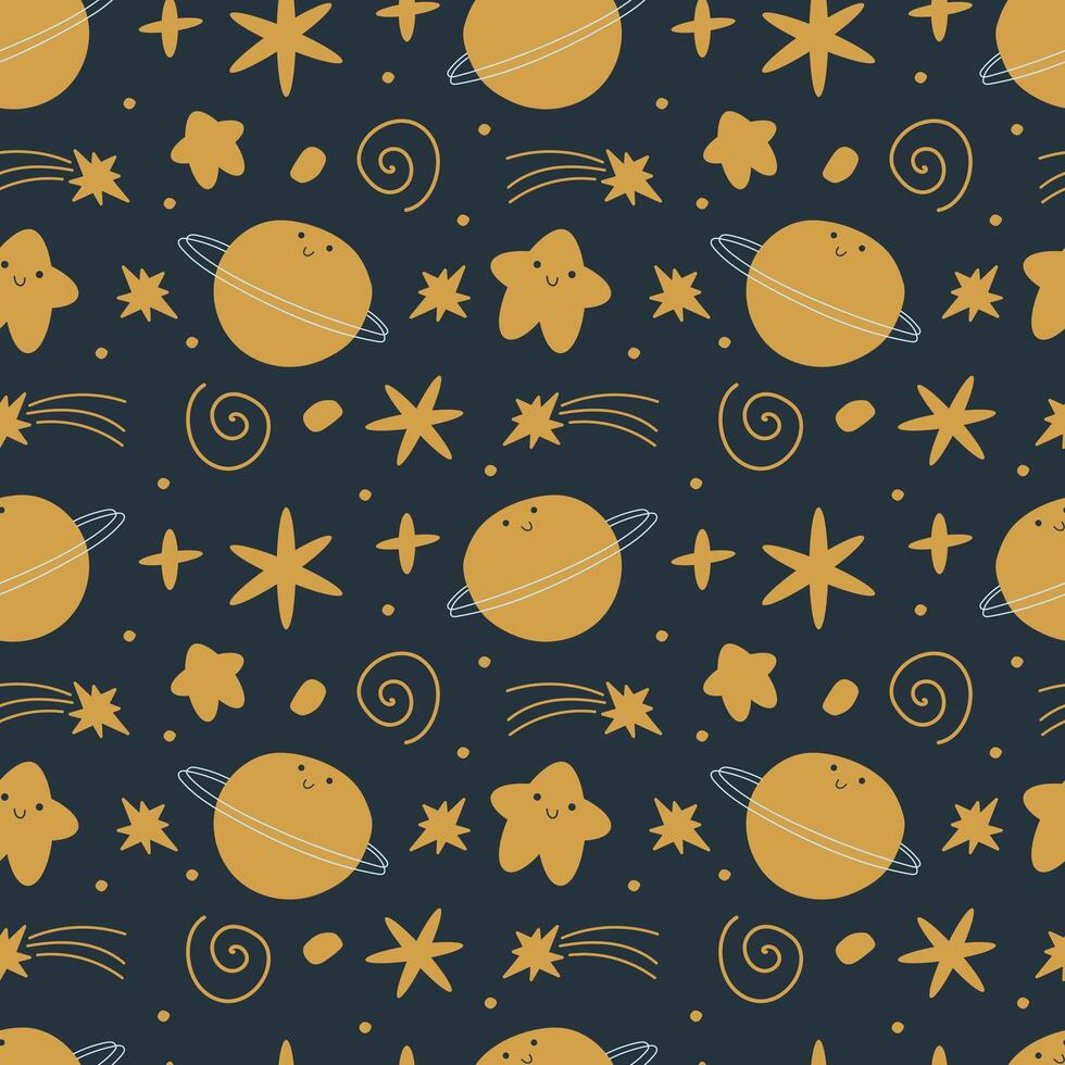 naadloos ruimte patroon. kawaii sterren, planeten voor kinderen. vector patroon voor behang, kleding, verpakking, omhulsel papier, bed linnen