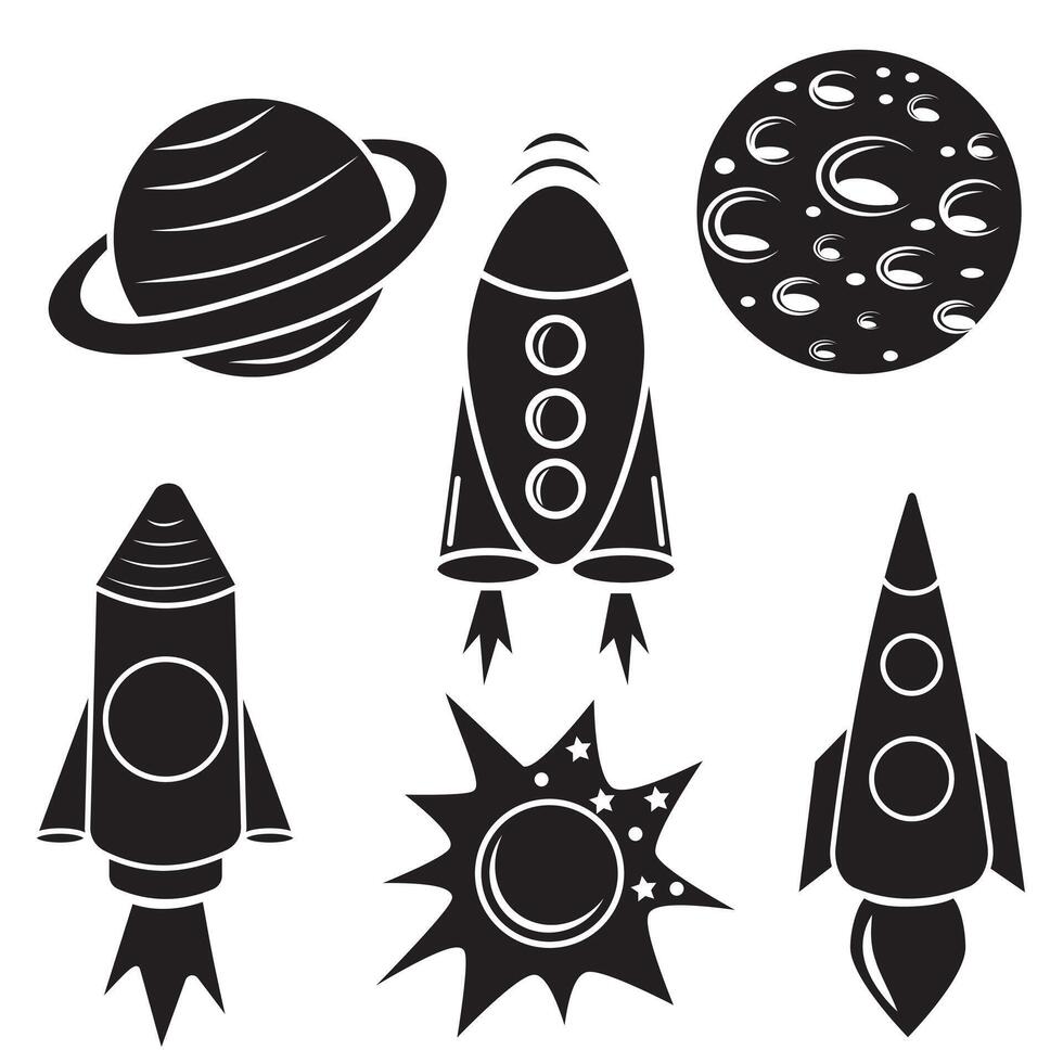 een reeks van ruimte geïsoleerd pictogrammen van planeten, satellieten, ufos en raketten. vector illustratie