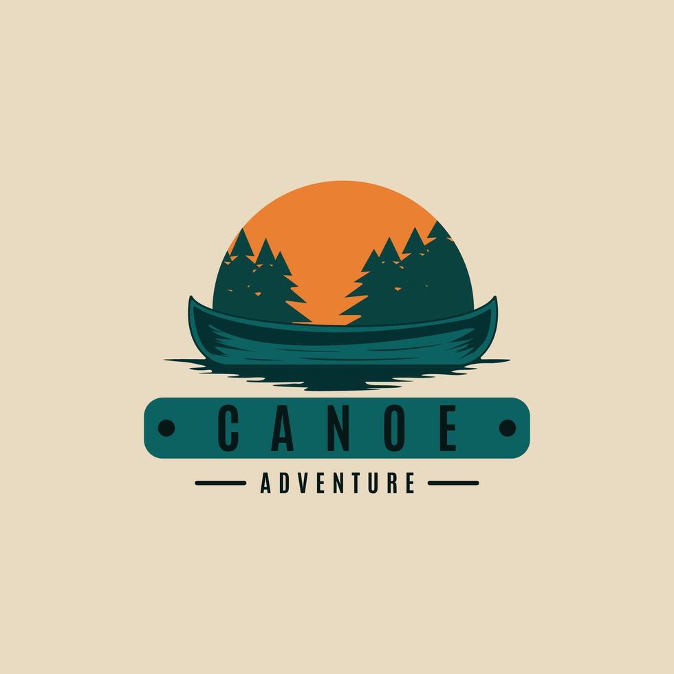 kano logo wijnoogst symbool illustratie ontwerp, kajakken logo zonsondergang en pijnboom boom vector illustratie ontwerp grafisch sjabloon