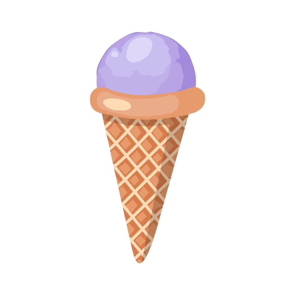 lavendel ijs room. drie ballen van romig zoet toetje in een wafel ijshoorntje. Purper sorbet. vector illustratie geïsoleerd Aan wit achtergrond.