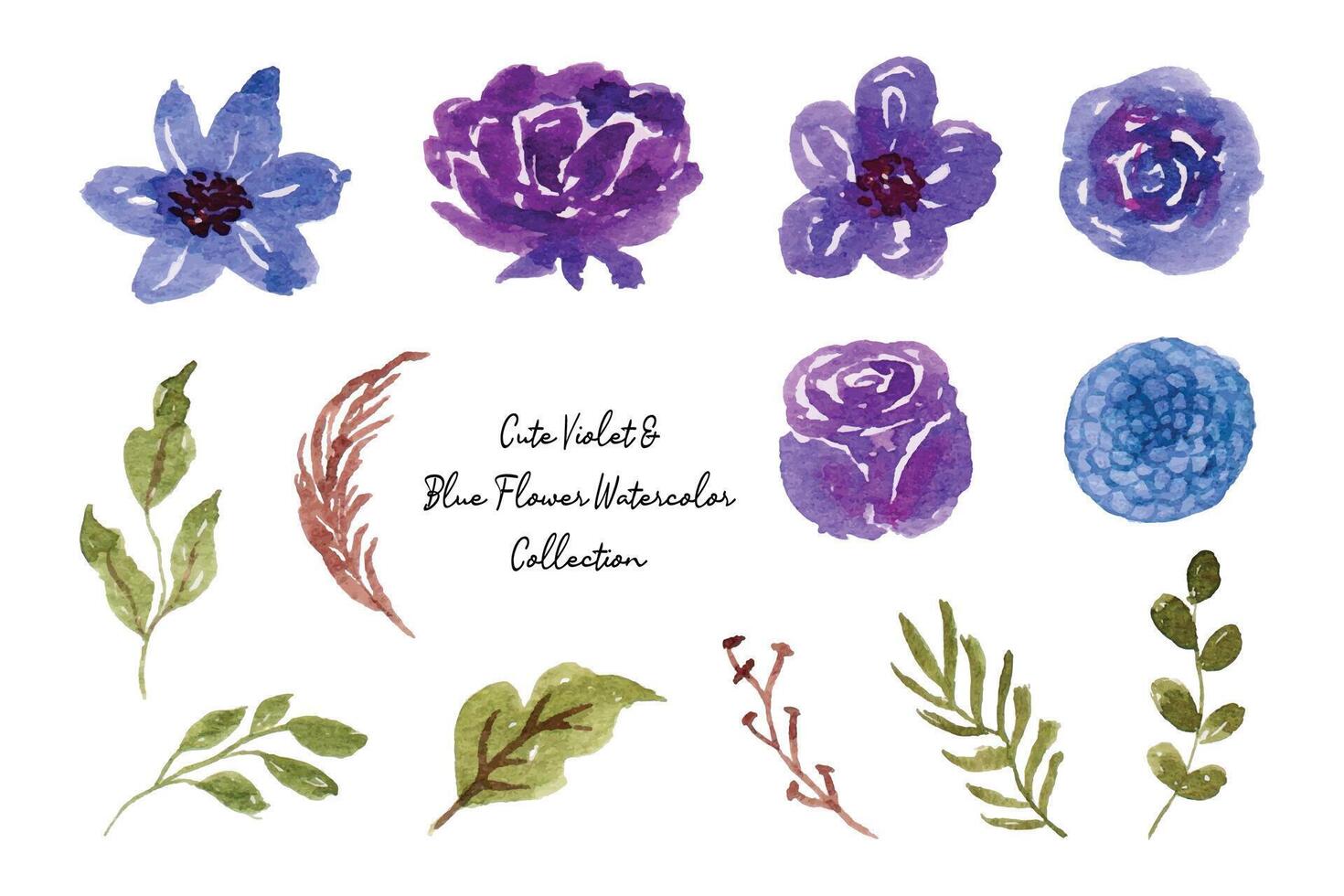 mooi blauw bloem en blad waterverf verzameling vector