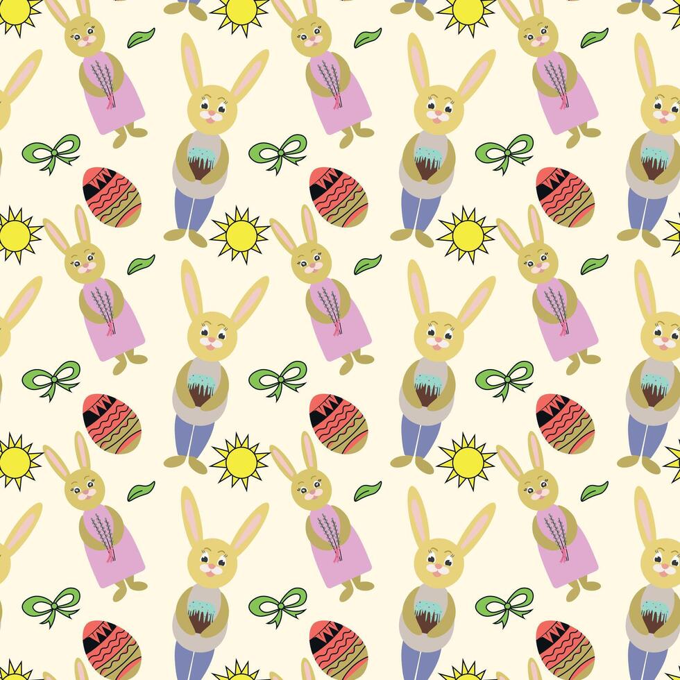decoratief vector patroon voor een vakantie Pasen. konijnen meisje en jongen, eieren, guirlande, taart, takjes, boog en andere elementen voor ontwerp