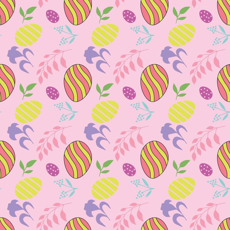 naadloos patroon met hand getekend Pasen eieren, bloemen, bladeren en andere elementen Aan roze achtergrond vector