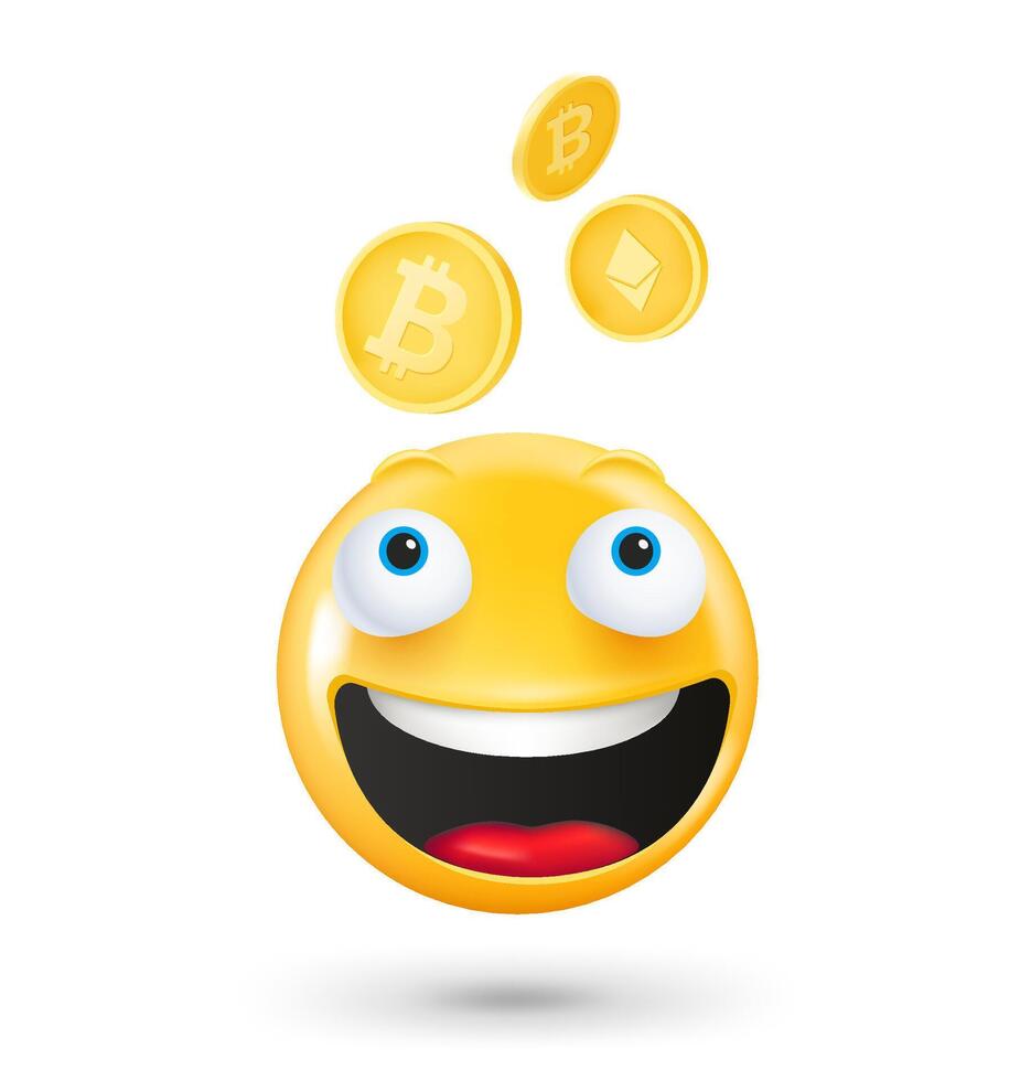 geel schattig emoji gezicht met crypto munten. 3d vector illustratie