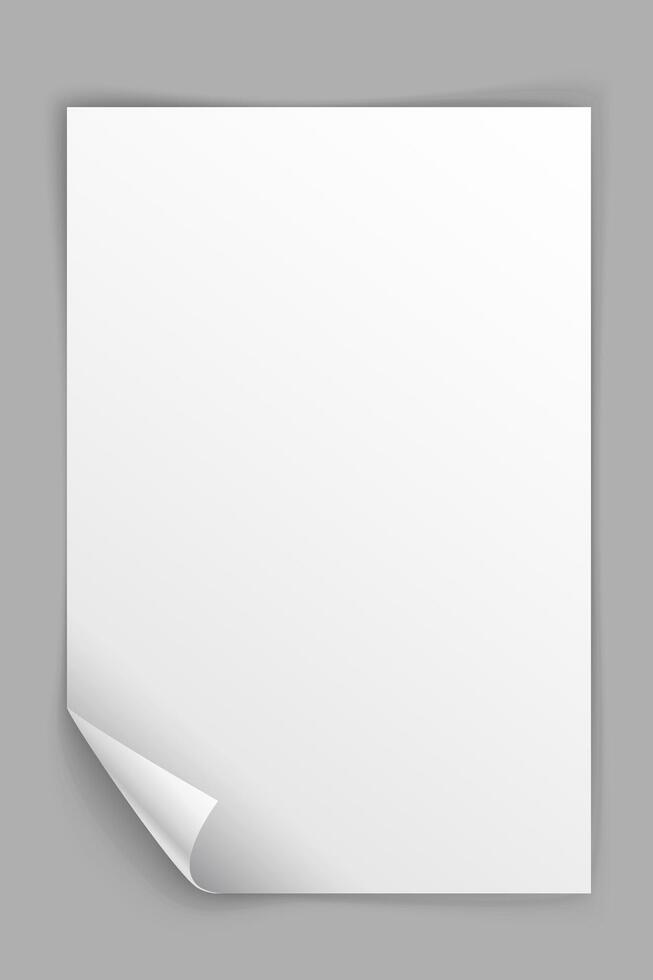 wit papier vertiwit papier verticaal vel met buigen bodem links hoek geïsoleerd Aan grijs achtergrond. vector illustratief vel met buigen bodem Rechtsaf hoek geïsoleerd Aan grijs achtergrond.
