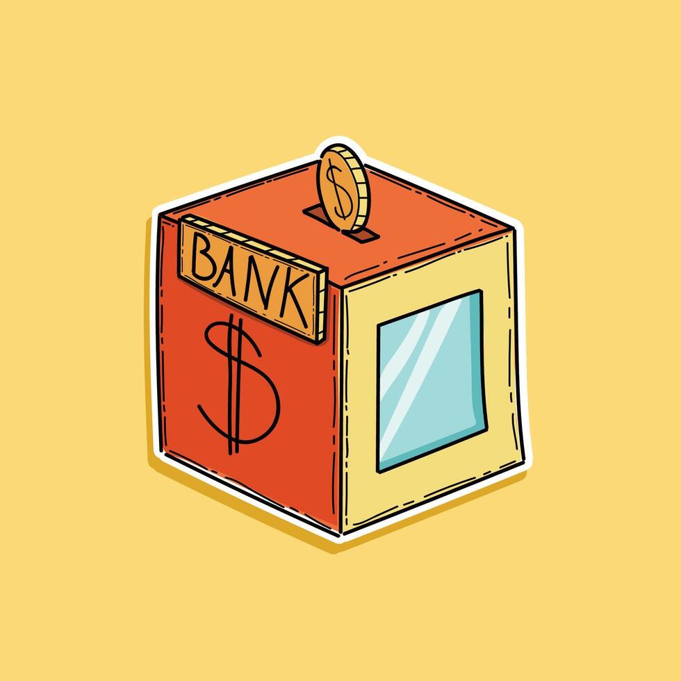bank opslaan geld in een doos vector sticker ontwerp illustratie in een geel achtergrond