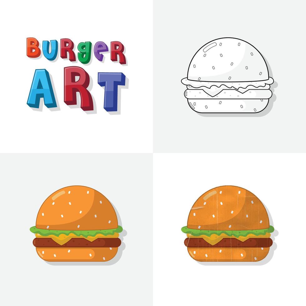 Hamburger kunst schetsen, kleuren bladzijde, vlak en realistisch hamburger snel voedsel illustratie voor kinderen vector