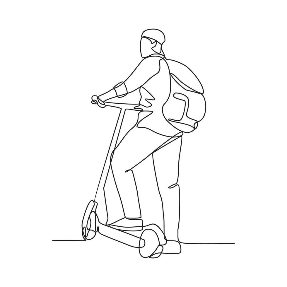 een doorlopend lijn tekening van de mensen gebruik makend van scooter voor gaan naar kantoor vector illustratie. illustratie scooters zijn alternatief vervoer met gemakkelijk lineair stijl vector concept ontwerp.