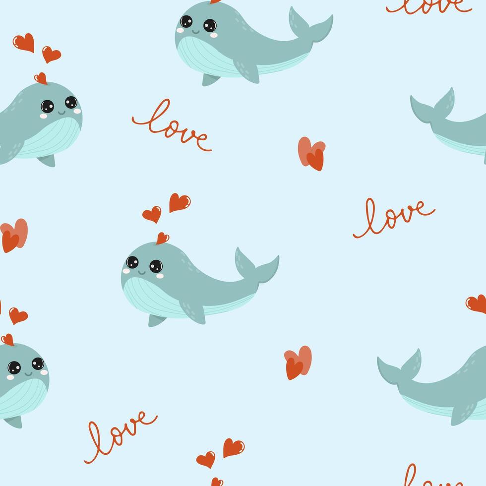 naadloos patroon met schattig blauw walvis met harten. achtergrond voor omhulsel papier, groet kaarten en seizoensgebonden ontwerpen. gelukkig Valentijnsdag dag. vector