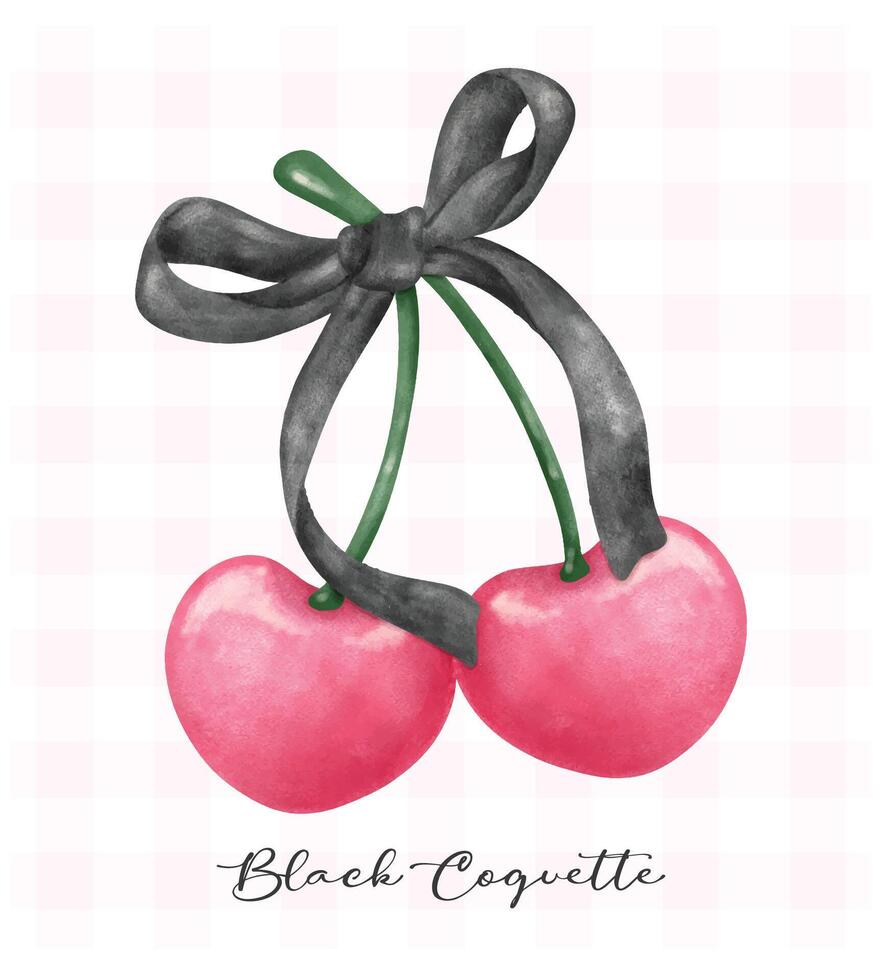 zwart coquette kersen met lint boog, esthetisch waterverf hand- tekening vector