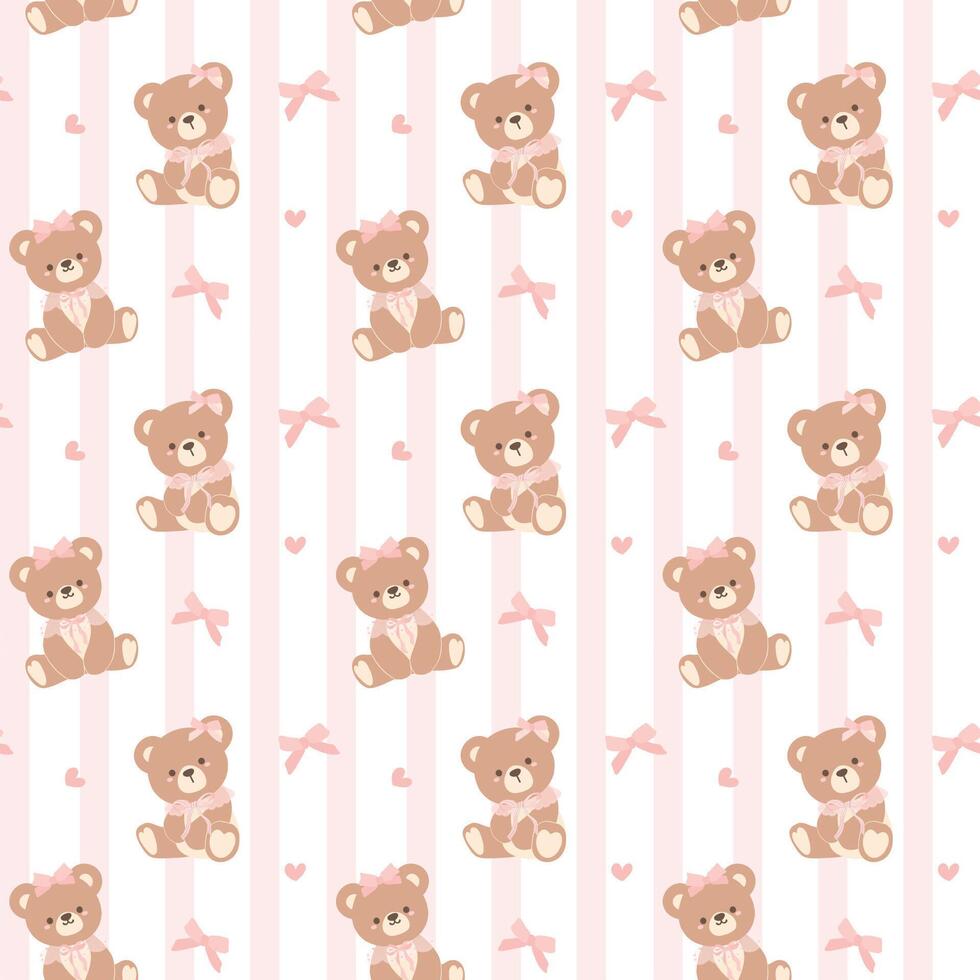 coquette teddy beer met roze lint boog patroon. naadloos geïsoleerd Aan wit achtergrond. vector
