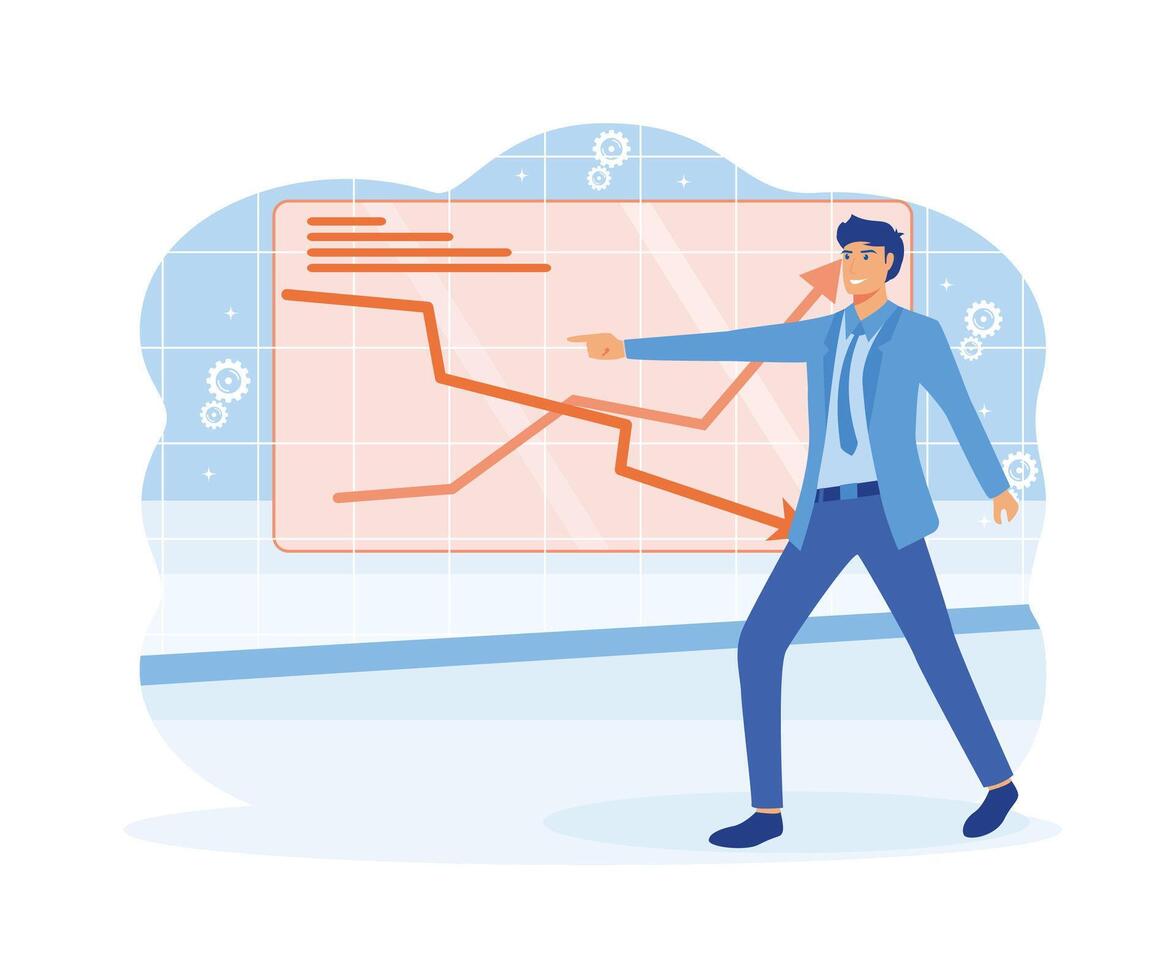 Mens tonen naar financiën grafiek. economisch neergang probleem, stijgen inflatie, afwijzen bedrijf geld. vlak vector modern illustratie