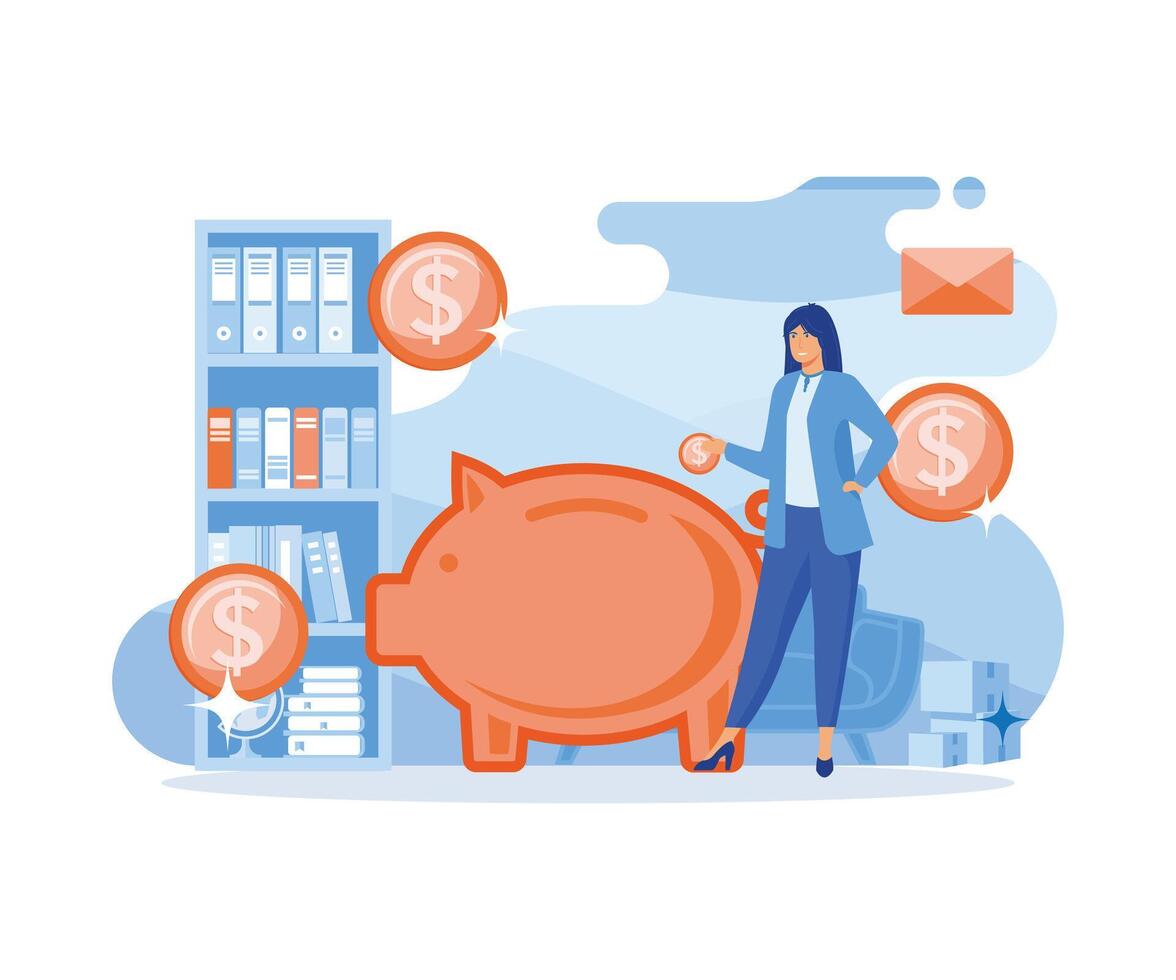 een vrouw zetten geld of munten in een varkentje bank geïsoleerd Aan een besparing of accumuleren geld voor financiën beheer Diensten en toepassingen. vlak vector modern illustratie