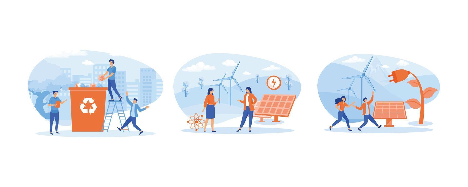 ecologie concept. groen energie naar schoon omgeving. jong vrouw en Mens rennen in de buurt zonne- panelen, wind turbines, regen stroom. reeks vlak vector modern illustratie
