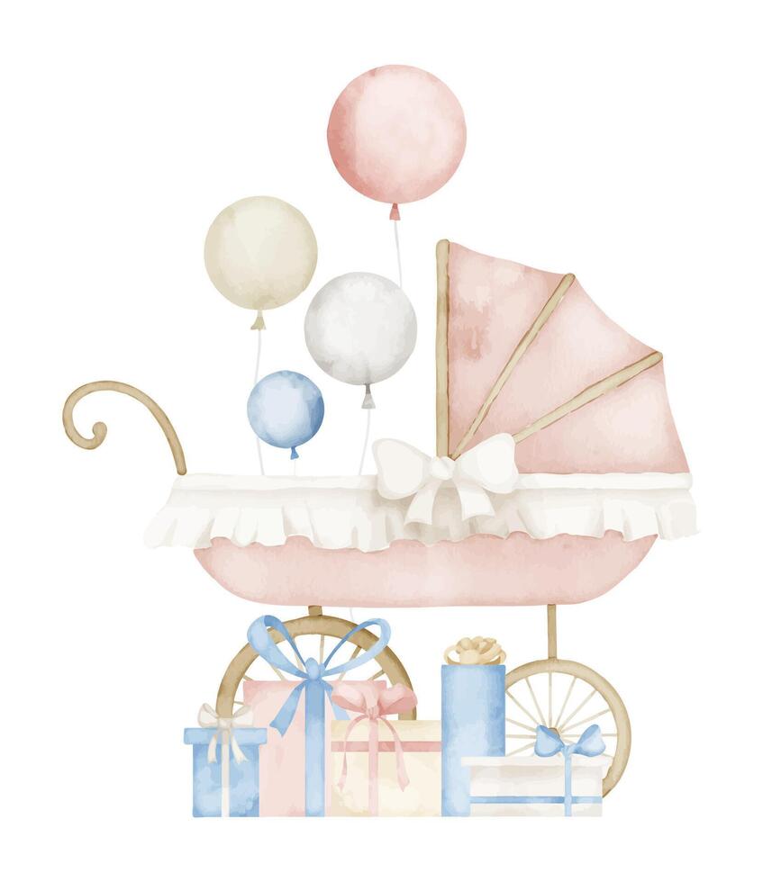 waterverf kinderwagen met ballonnen en presenteert in wijnoogst stijl. retro kind wandelwagen voor baby douche uitnodiging of verjaardag groet kaarten. vervoer voor kinderen schattig pastel roze en beige kleuren vector