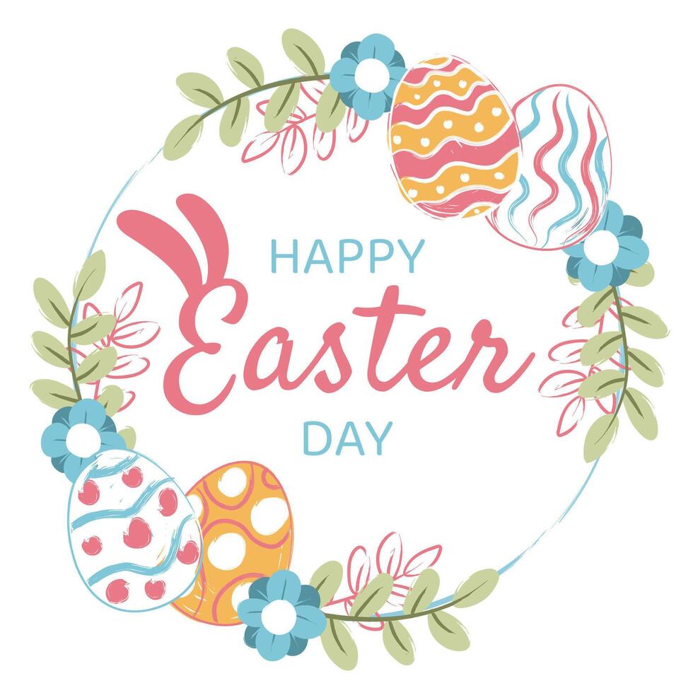gelukkig Pasen banier, poster, groet kaart. modieus Pasen ontwerp met typografie, konijntjes, bloemen, eieren, in pastel kleuren. waterverf stijl vector