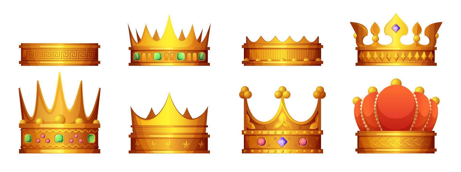 Koninklijk kroon set. tekenfilm koning edele ridder prinses hoofd decoraties, antiek Koninklijk kroon met juwelen, tiara in vlak stijl. vector geïsoleerd reeks
