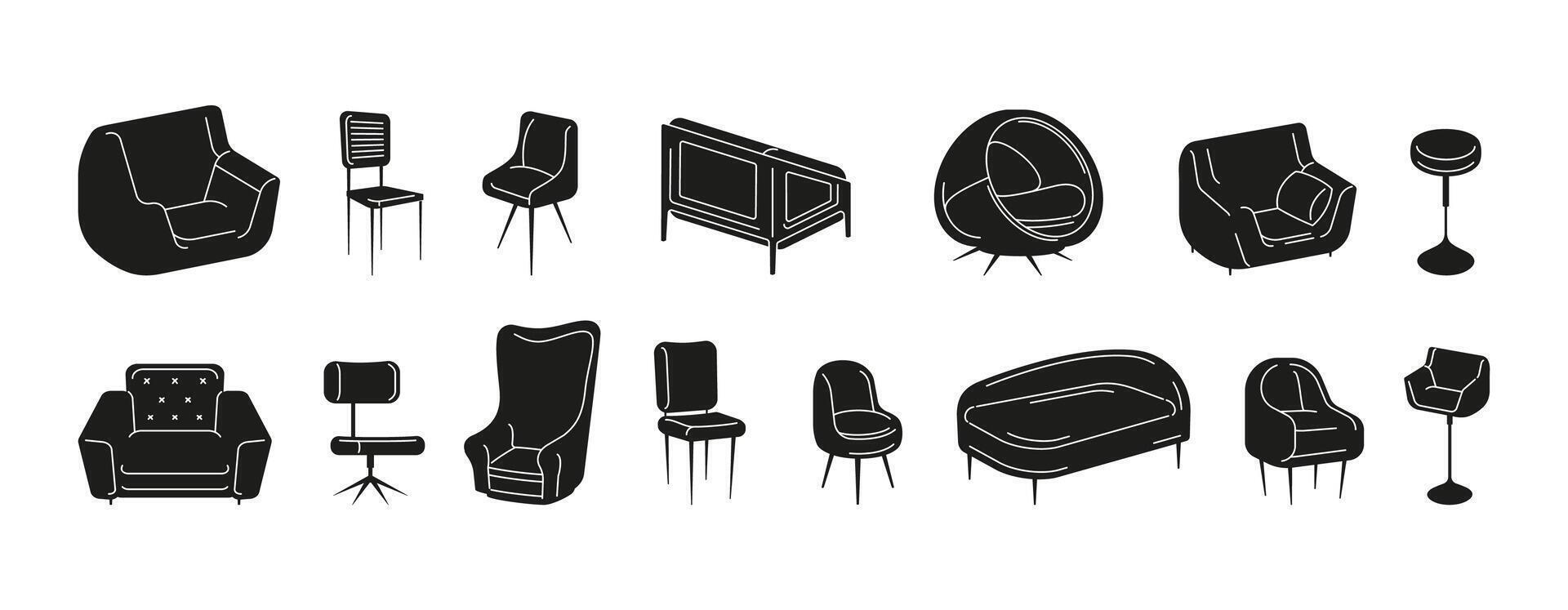 silhouet stoelen. zwart comfortabel zitplaatsen meubilair voorwerpen, tekening ontlasting en fauteuils, vaag knus interieur decor elementen. vector geïsoleerd reeks