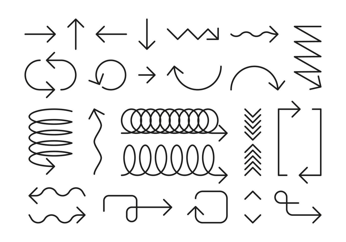 lijn pijlen. minimalistische tekening meetkundig aanwijzers verschillend vormen, gemakkelijk dun lineair spiraal zigzag Golf lus markeerstift symbolen. vector geïsoleerd reeks