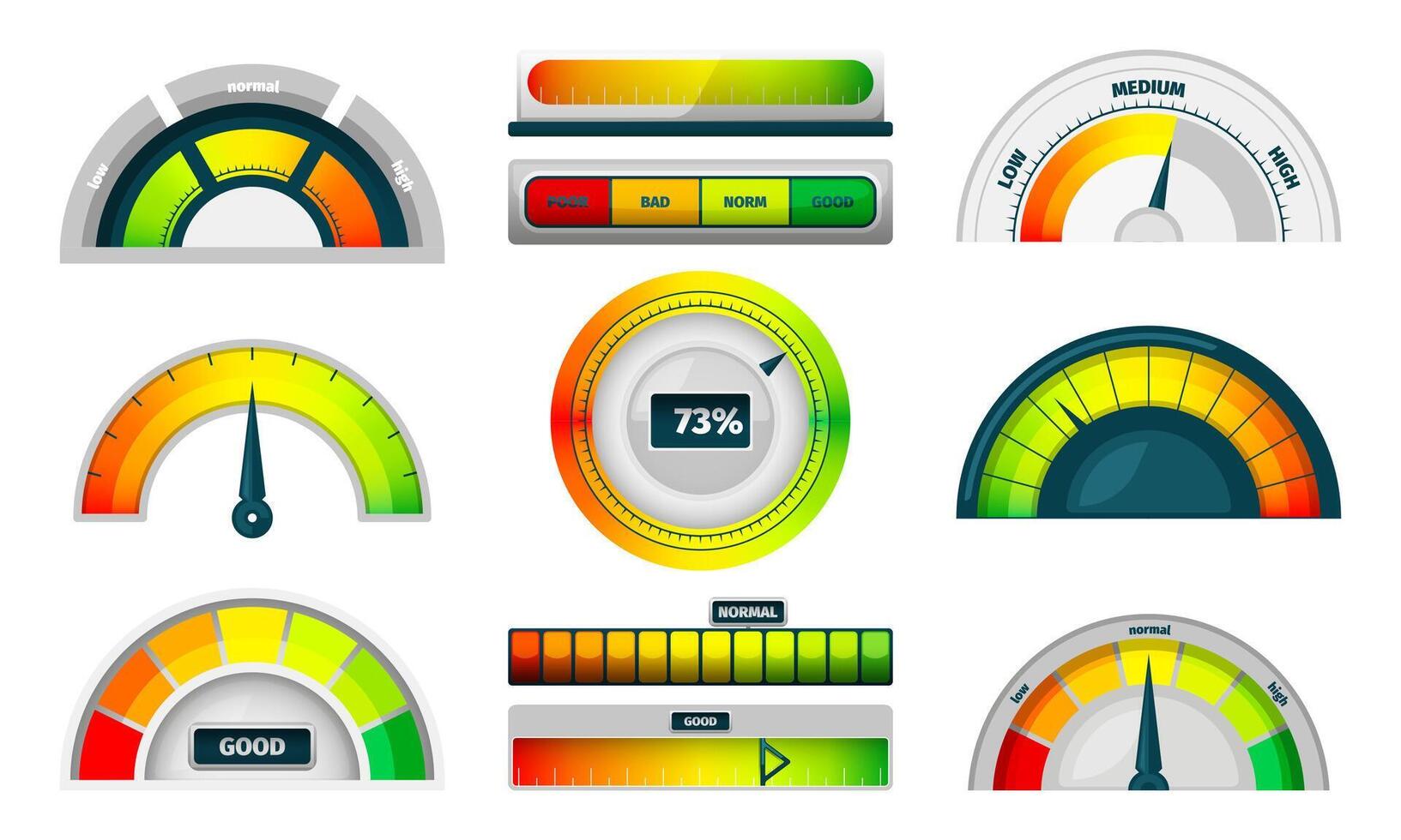 snelheidsmeter indicator. energie en tarief meting wijzerplaat met pijl, tarief peilen en nummer, doeltreffend dashboard peilen voor vooruitgang rapport. vector reeks