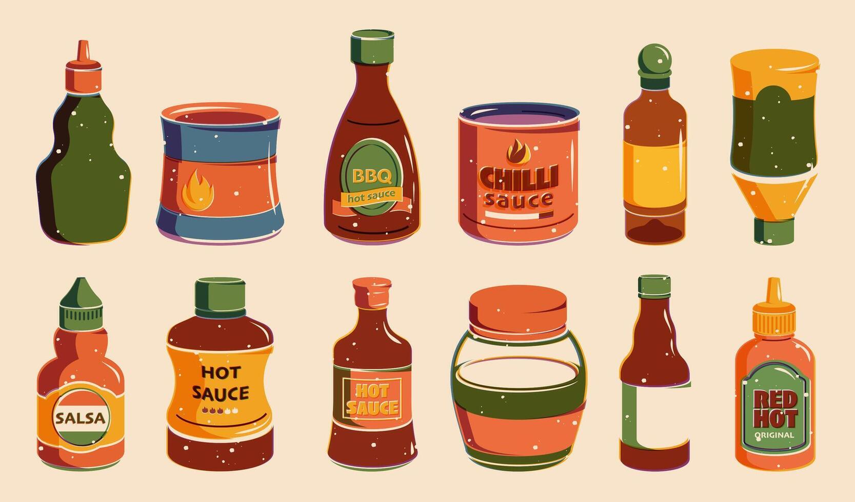 saus flessen. tekenfilm ketchup, mosterd en mayonaise flessen met petten en etiketten voor restaurant en snel voedsel verpakking ontwerp. vector reeks